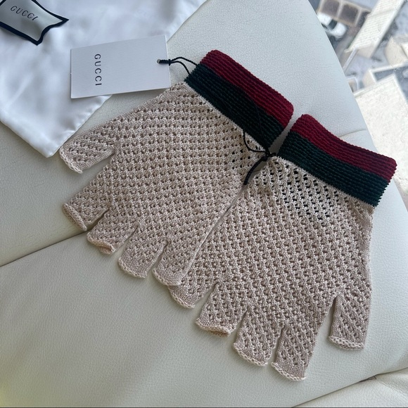 NEW GUCCI GLOVES CROCHET Fingerless Web Red Green - Picture 7 of 8
